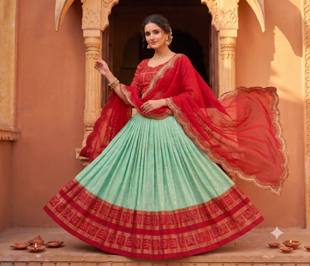 Teeya Creation Ethnic Sky Blue Lehenga Choli with Scalloped Border Dupatta | Grocsy
