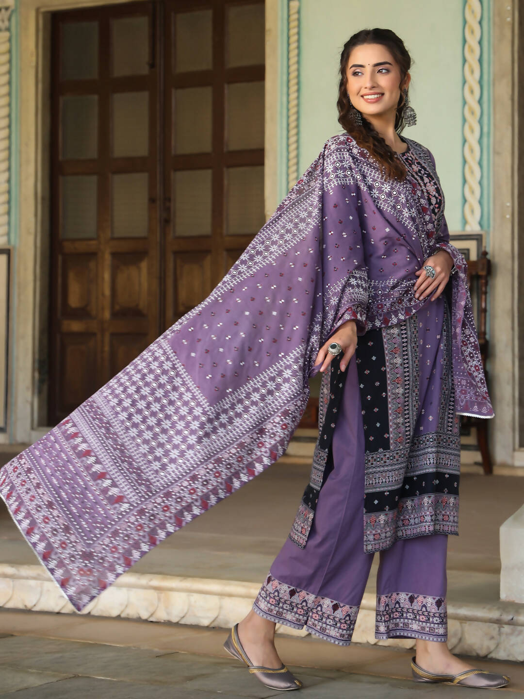 Juniper Women's Lavender Cambric Geometric Printed Mix And Match Kurta Palazzo And Dupatta Set | Grocsy