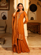 Juniper Women's The Swarn Mustard Ethnic Motif Printed Rayon Kurta Pant And Dupatta With Zari Work & Sequins | Grocsy