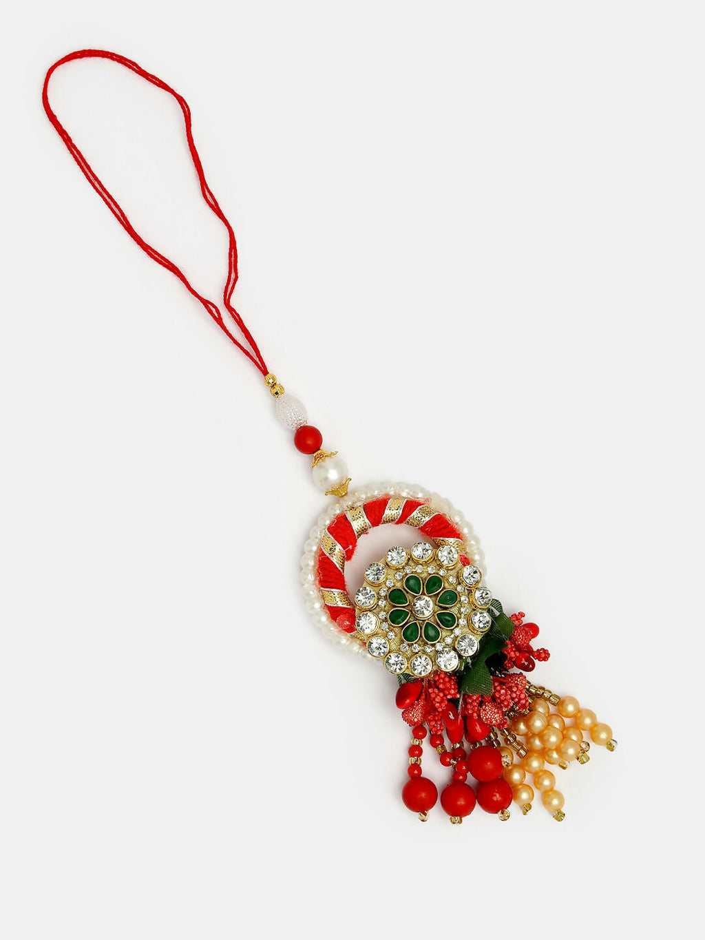 NVR Women & Men Set of 2 Red & Gold Toned Stone-Studded & Beaded Bhaiya Bhabhi Rakhi With Roli Chawal & Chocolate | Grocsy