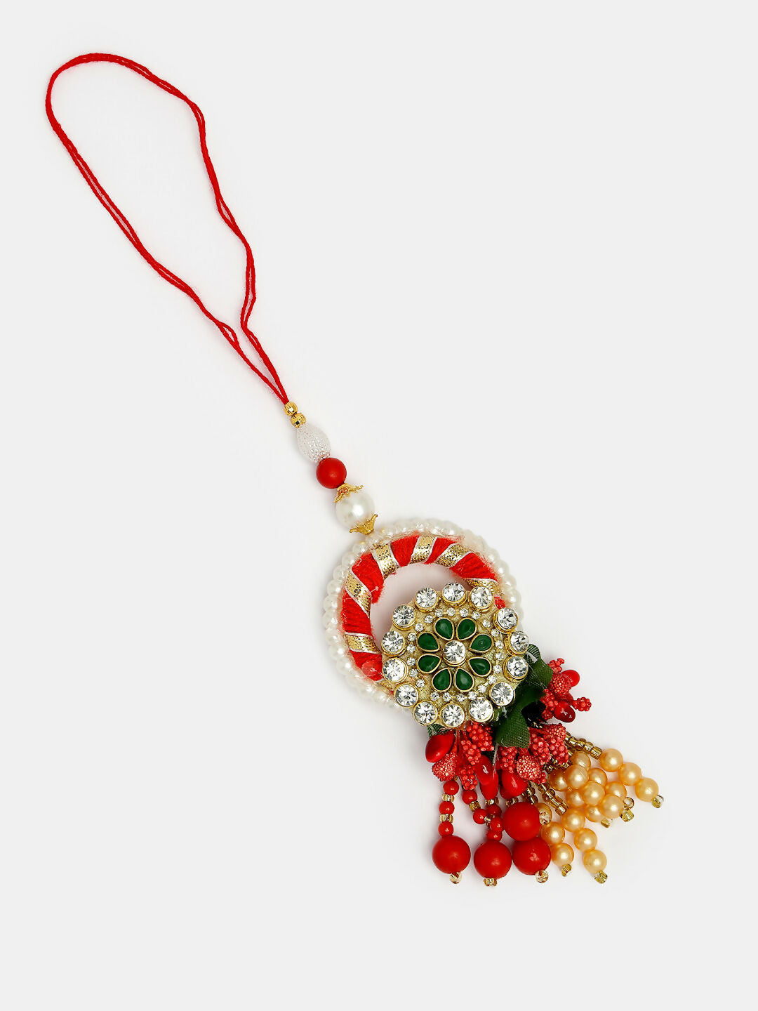 NVR Women & Men Set of 2 Red & Gold Toned Stone-Studded & Beaded Bhaiya Bhabhi Rakhi With Roli Chawal & Chocolate | Grocsy