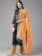 Yufta Black Pure Cotton Ikat Design Kurta with Palazzo & Dupatta | Grocsy