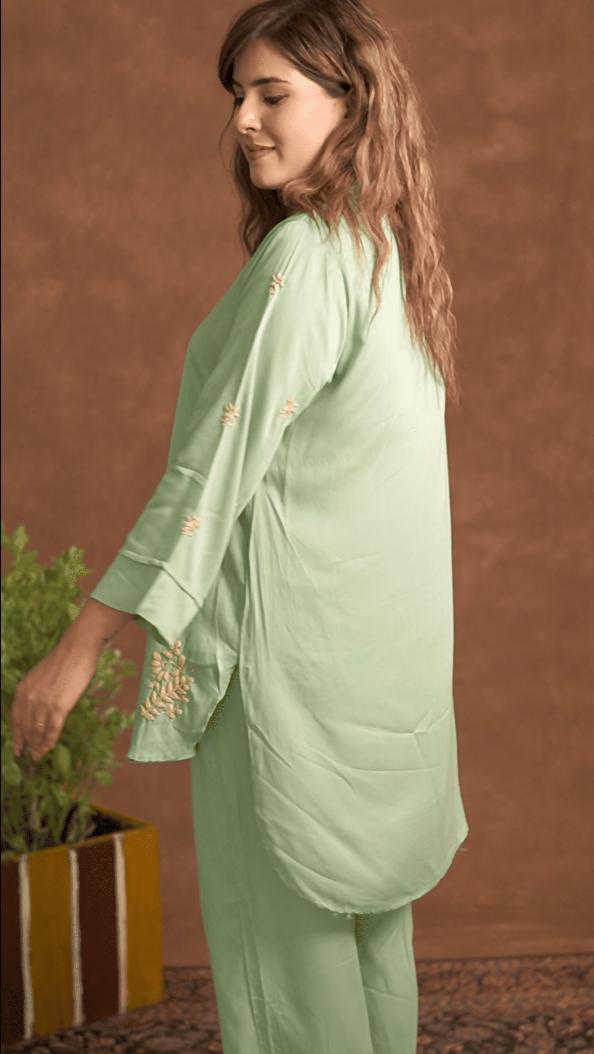 Gharana India Jashn Premium Women's Chikankari Embroidered Twilight Silk Co-ord Set - Sage Green | Grocsy