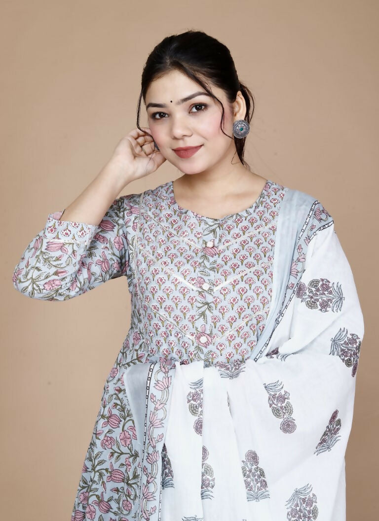 Miravan Women's Blue Printed With Gota Patti Work Anarkali Kurta With Dupatta | Grocsy