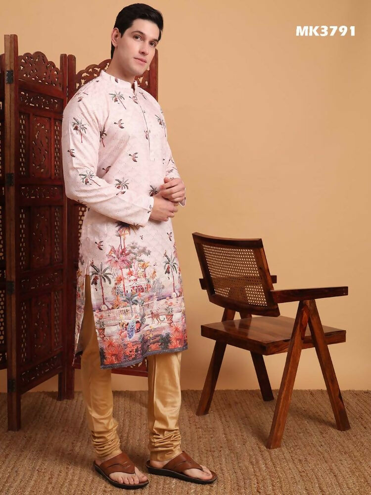 Peach Cotton Printed Chikankari Embroidery Work Kurta - Mahotsav | Grocsy