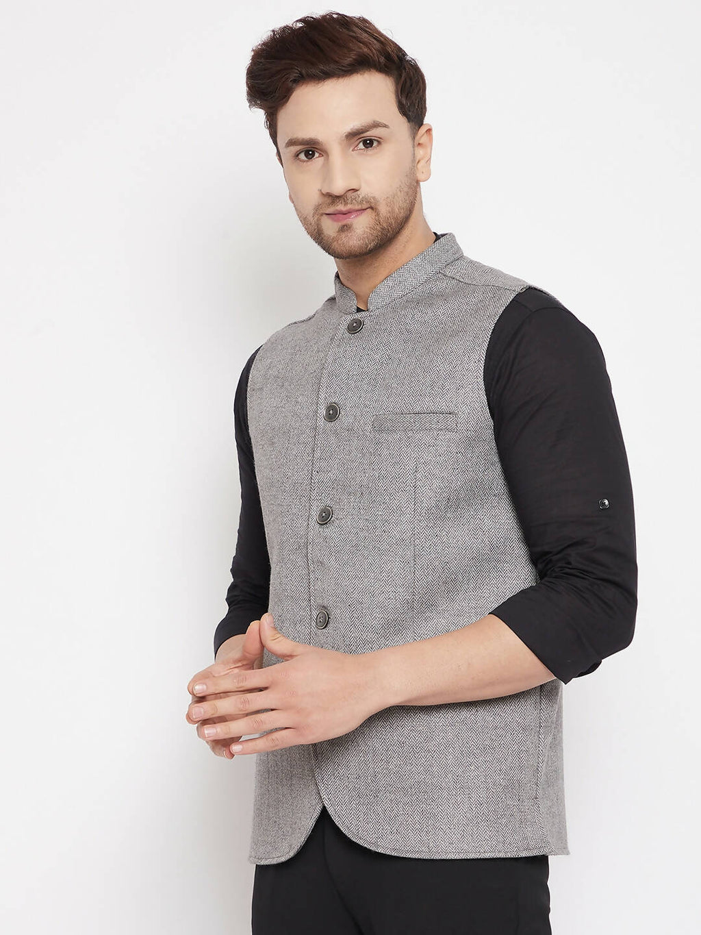 Even Apparels Grey Wool Men Woven Nehru Jacket WL730 | Grocsy