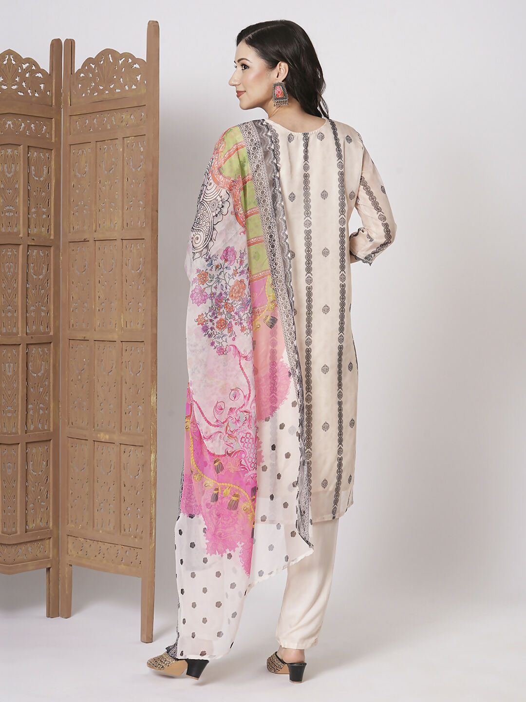 Off White Taby Silk Embroidery Work, Printed Kurta Set - Riya | Grocsy