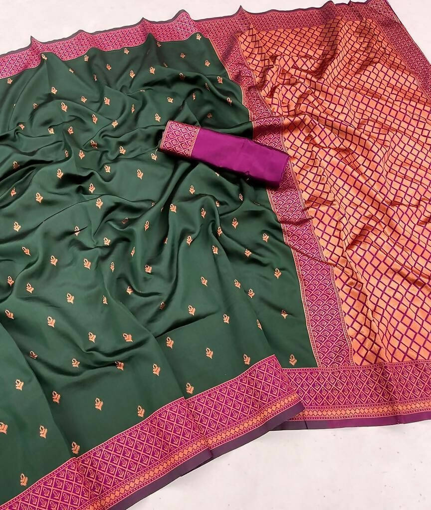DEIANA'S Beautiful Designer Golden zari Soft Lichi Silk Saree - Green | Grocsy