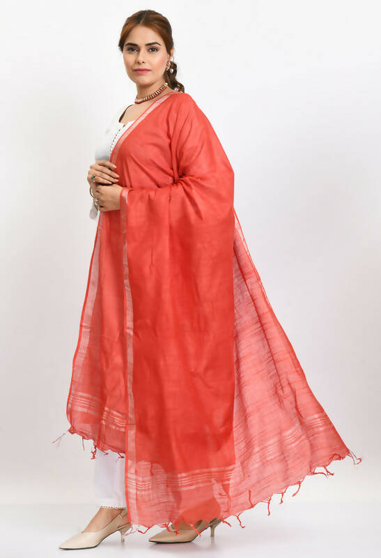 Mominos Fashion Moeza Women's Linen Cotton Silver Border Red Dupatta | Grocsy