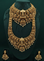 Jewel City Grand South Indian Temple Bridal Necklace Set for Women – Antique Gold-Plated Lakshmi Haram with Choker & Jhumka | Grocsy