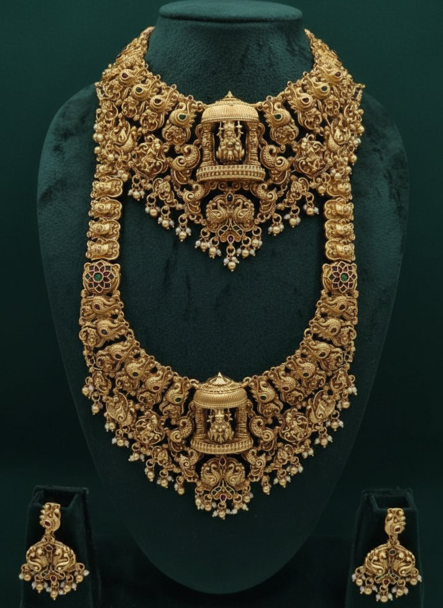 Jewel City Grand South Indian Temple Bridal Necklace Set for Women – Antique Gold-Plated Lakshmi Haram with Choker & Jhumka | Grocsy