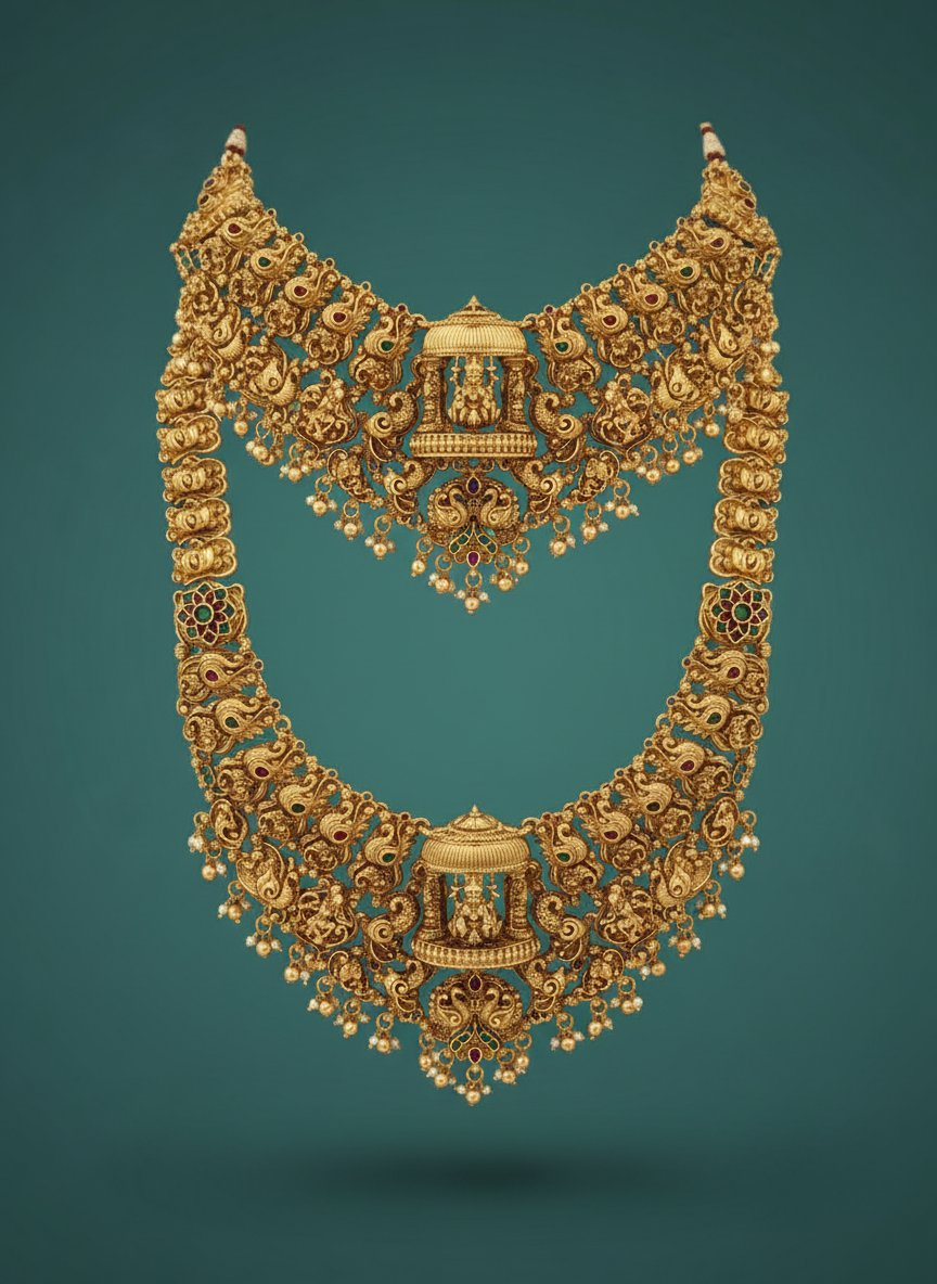 Jewel City Grand South Indian Temple Bridal Necklace Set for Women – Antique Gold-Plated Lakshmi Haram with Choker & Jhumka | Grocsy