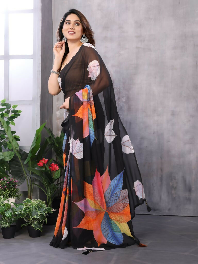 Partywear Designer Black Georgette Fancy Saree - Satrangi | Grocsy