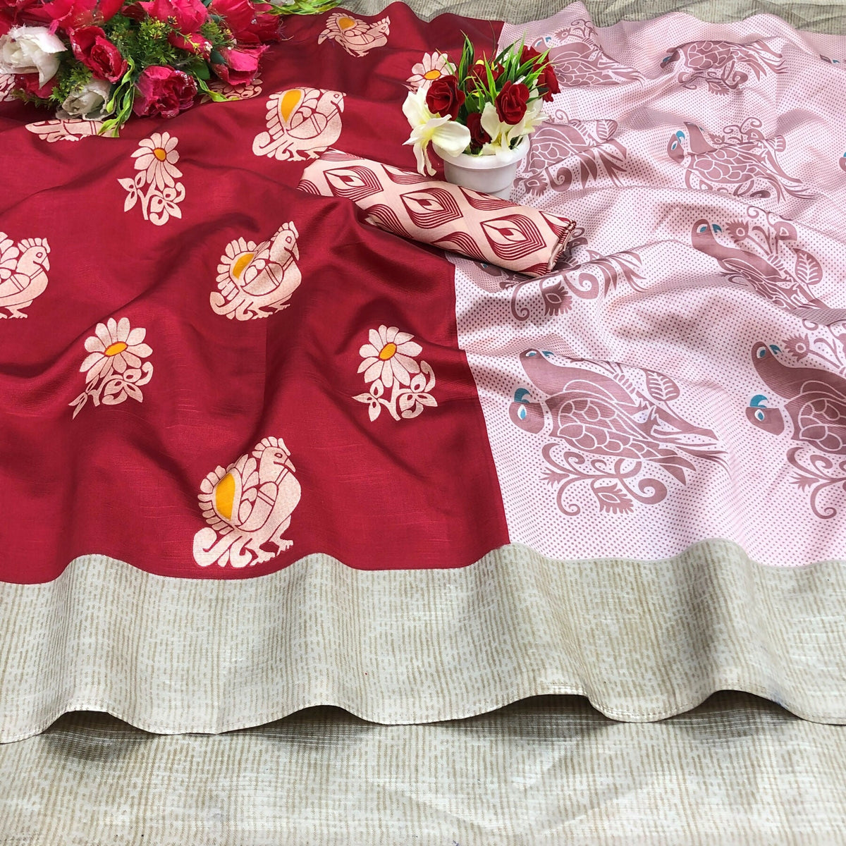 Vamika Red Printed Art Silk Saree | Grocsy