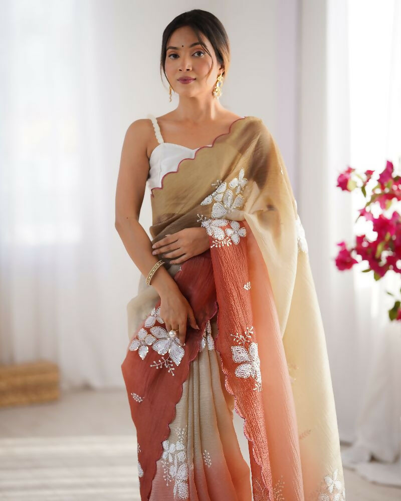 Choco and Orange Crunchy Crush Pedding Color Embroidery Work Party Wear Saree - Zuleika | Grocsy