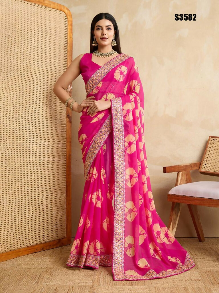Pink Georgette Printed Designer, Embroidery Work Lace Border Saree - Aarvi | Grocsy