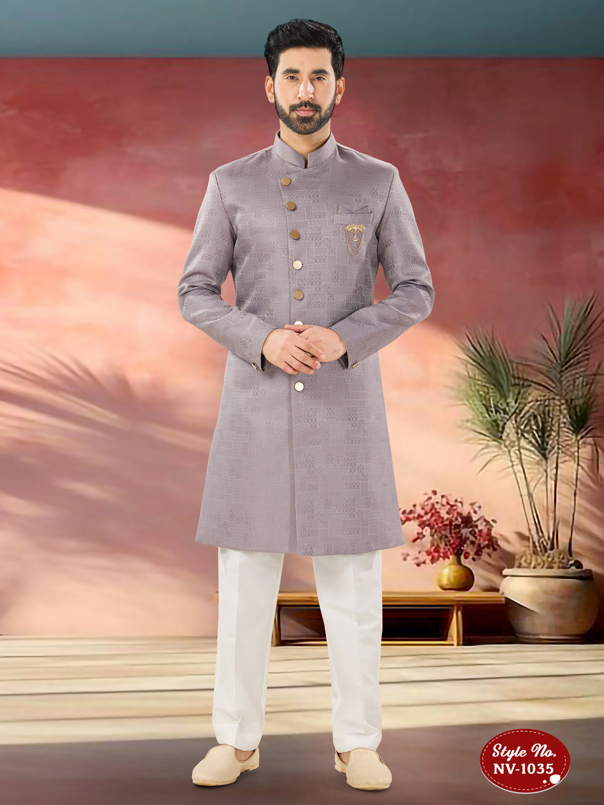 Joban Fashion Men's Light Purple Straight Imported Tr Self-Design In Fabric Indo-Western Kurta Set | Grocsy