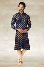 Raivat Ethnic Cotton Printed Work Kurta Pajama In Navy Blue Colour | Grocsy