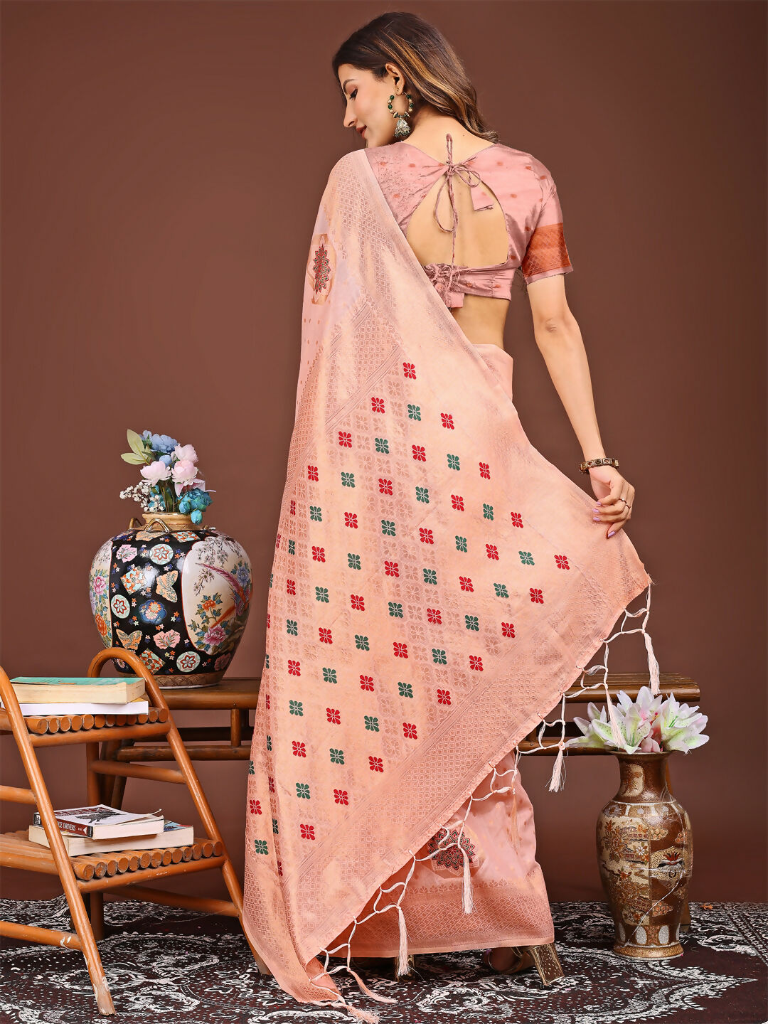 Shree Shyam Fashion Neerja Peach Linen Cotton Saree | Grocsy