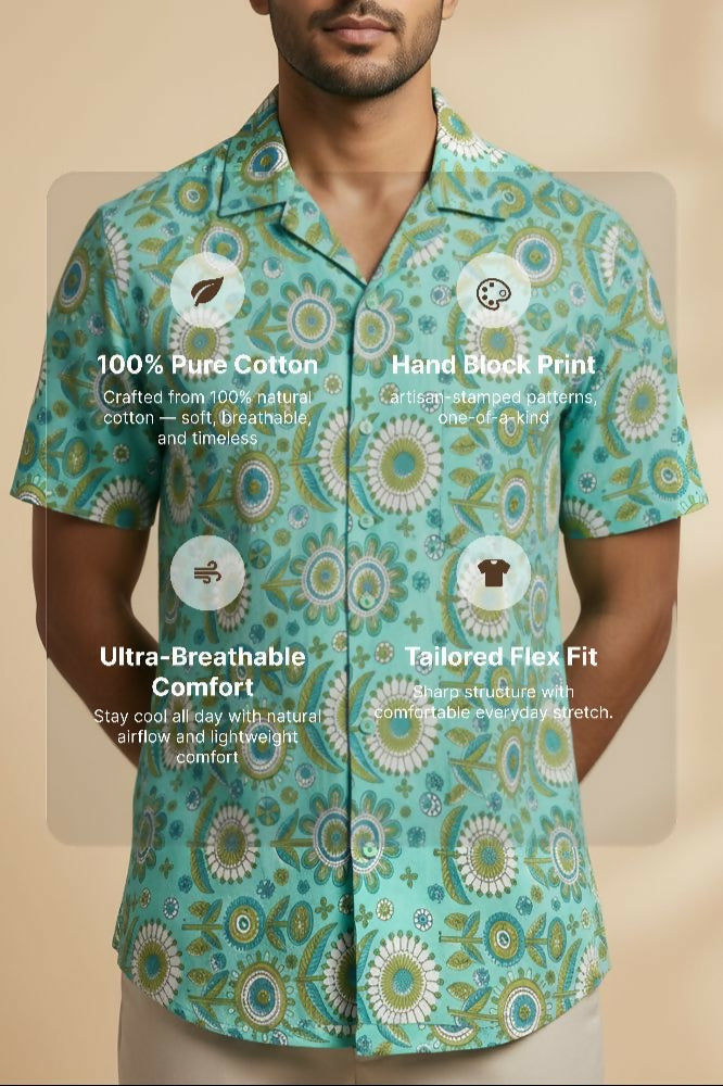 Medallion — Teal Ajrakh Cotton Shirt by Hilo Design | Grocsy