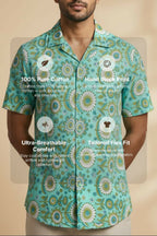 Medallion — Teal Ajrakh Cotton Shirt by Hilo Design | Grocsy