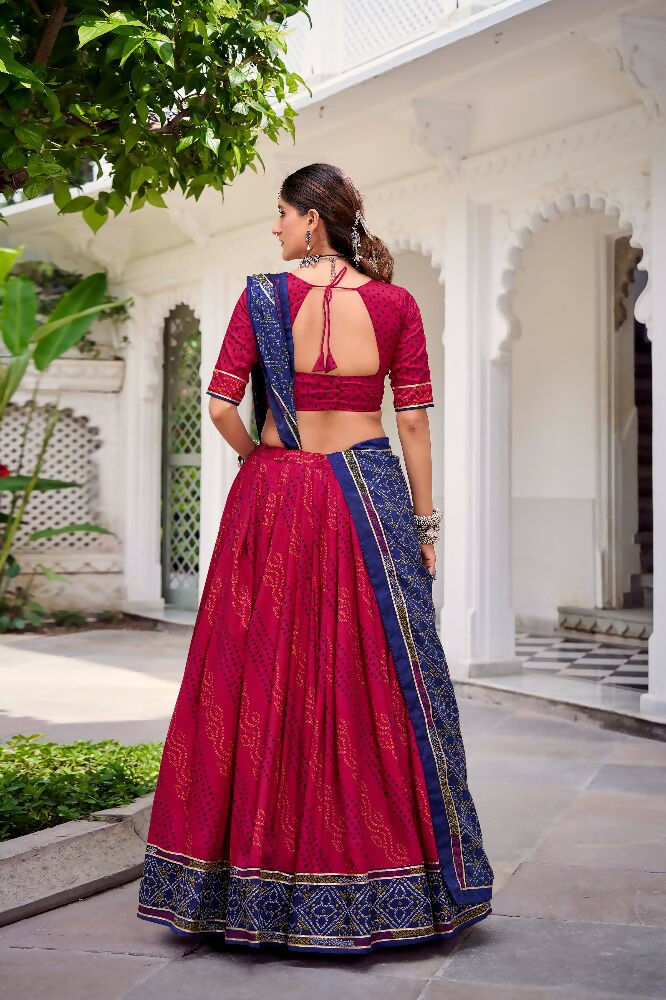 Evanik Pink Tassa Silk With Bandhej Print Lehenga Choli | Grocsy