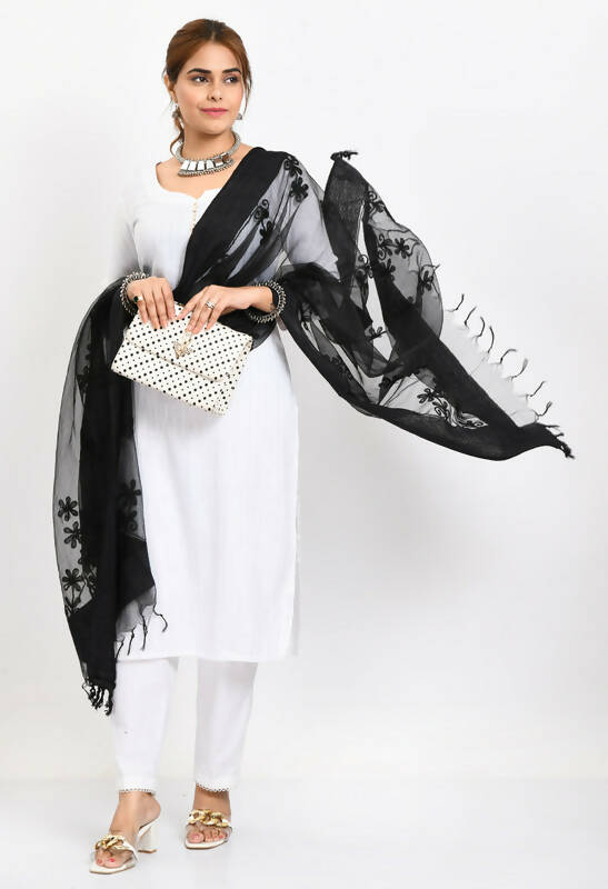 Mominos Fashion Moeza Women's Orgenza All Over Chikan Work Black Dupatta | Grocsy