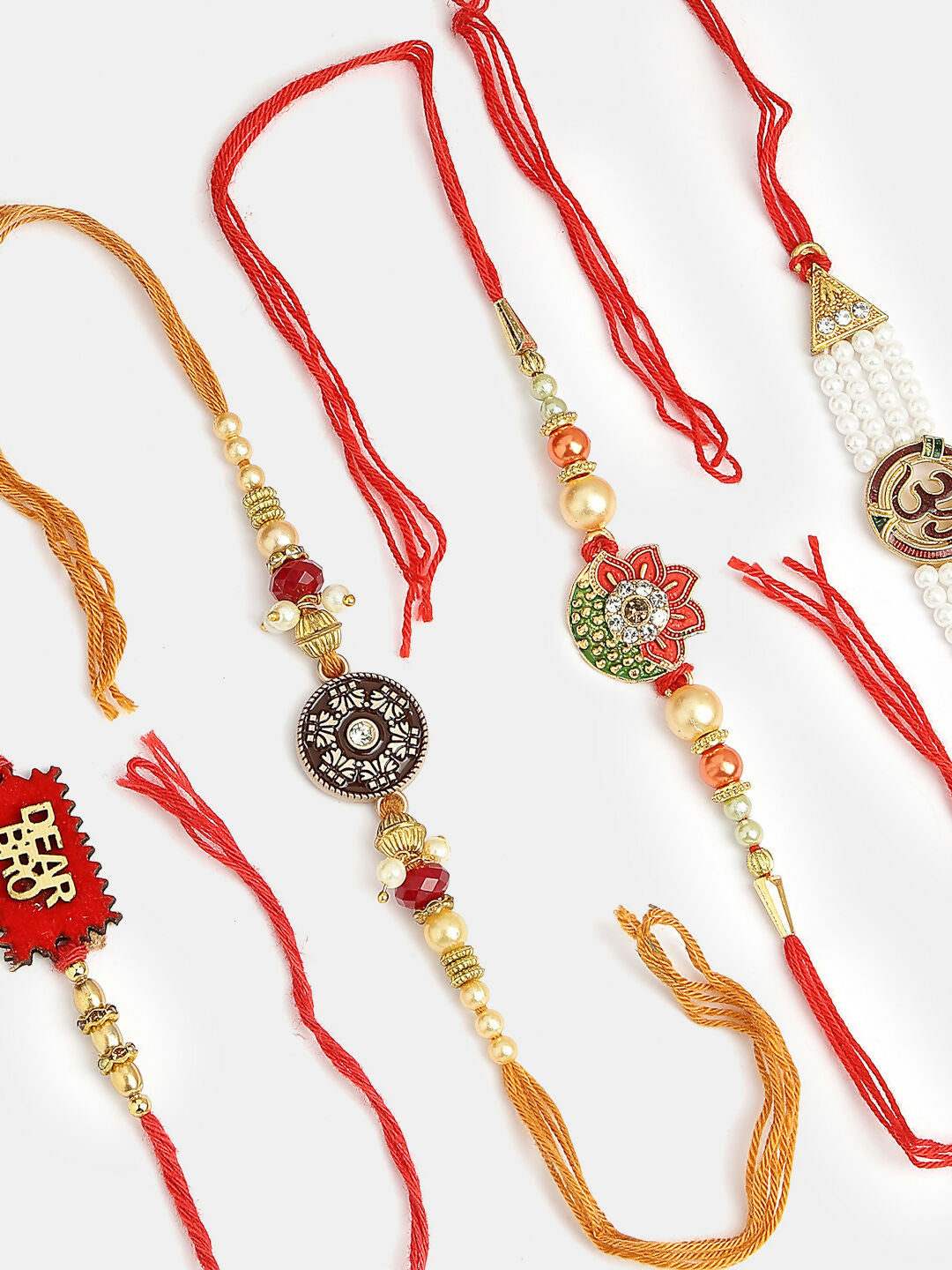 NVR Men Set of 4 Gold-Toned Stone-Studded & Beaded Rakhi With Roli Chawal | Grocsy