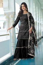 Teeya Creation Black Colour Chinnon Silk Heavy Embroidery Work Fully Stitched Salwar Suit | Grocsy