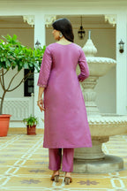 The52 Purple Women's Beautiful Embroidered Viscose Chanderi Silk Fabric with Straight Kurta, Pant and Dupatta Set | Grocsy