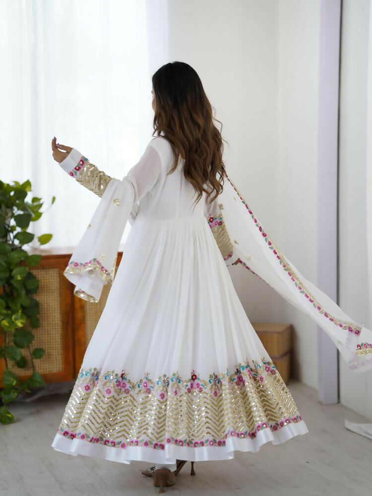 Joban Fashion White Georgette Sequence Embroidery Work Readymade Kurta Set | Grocsy