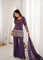 Teeya Creation Wine Purple Silk Sharara Suit With Embroidered Dupatta Set | Grocsy