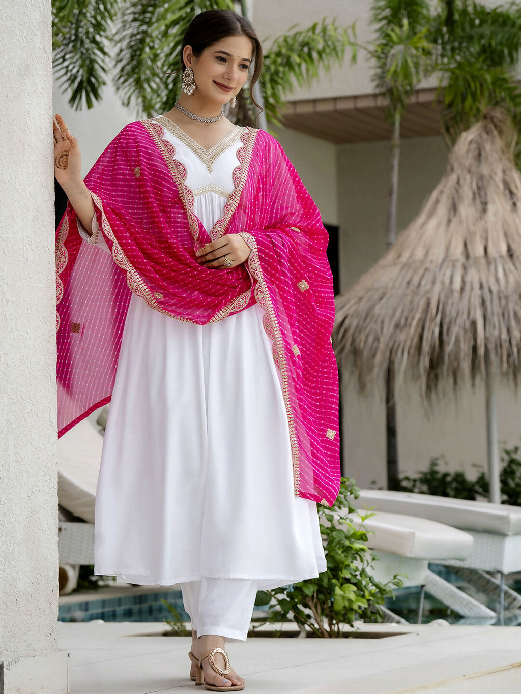 The52 White Women's Gorgeous Embroidered Chanderi Fabric Straight Kurta, Pant and Dupatta Set | Grocsy