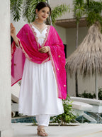 The52 White Women's Gorgeous Embroidered Chanderi Fabric Straight Kurta, Pant and Dupatta Set | Grocsy