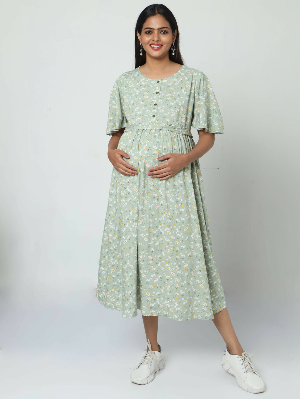 Manet Frill Slevees Maternity Dress Floral Print With Concealed Zipper Nursing Access - Green | Grocsy