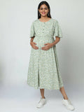 Manet Frill Slevees Maternity Dress Floral Print With Concealed Zipper Nursing Access - Green | Grocsy