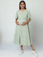 Manet Frill Slevees Maternity Dress Floral Print With Concealed Zipper Nursing Access - Green | Grocsy