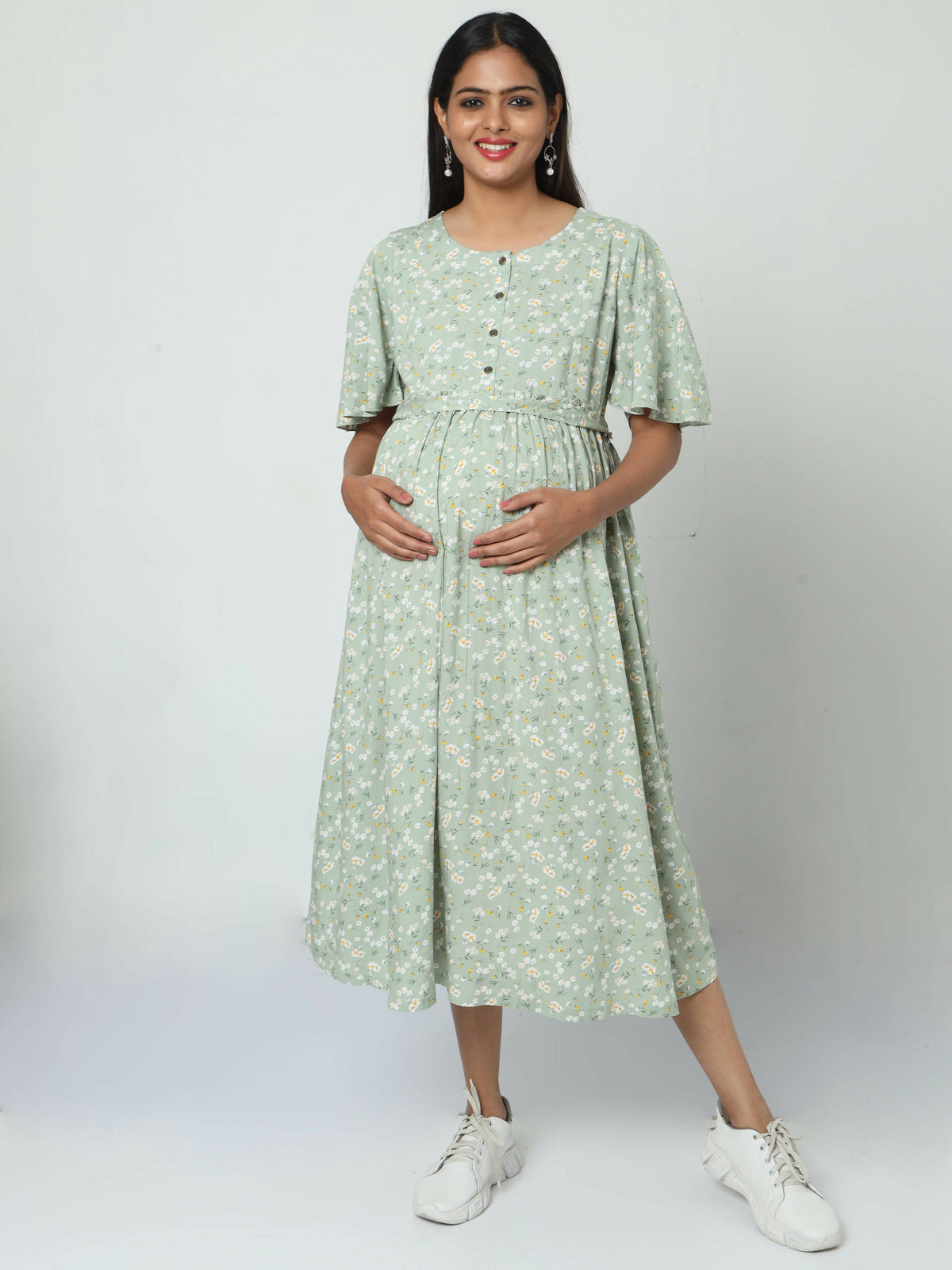 Manet Frill Slevees Maternity Dress Floral Print With Concealed Zipper Nursing Access - Green | Grocsy