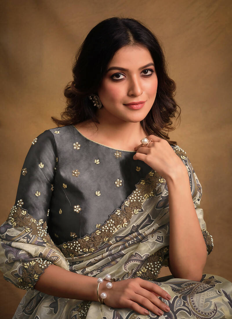 Grey Burning Tissue Designer Saree with Unstitched Blouse - Norita Mahitha | Grocsy