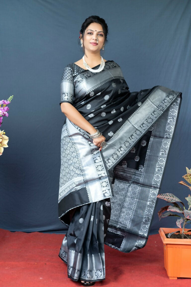 Jyoti Fashion Women's Black Soft Banarasi Silk Zari Woven Saree with Blouse | Grocsy