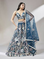House of Panchhi Navy blue Net Sequinse Work Lehenga & Blouse with Dupatta | Grocsy