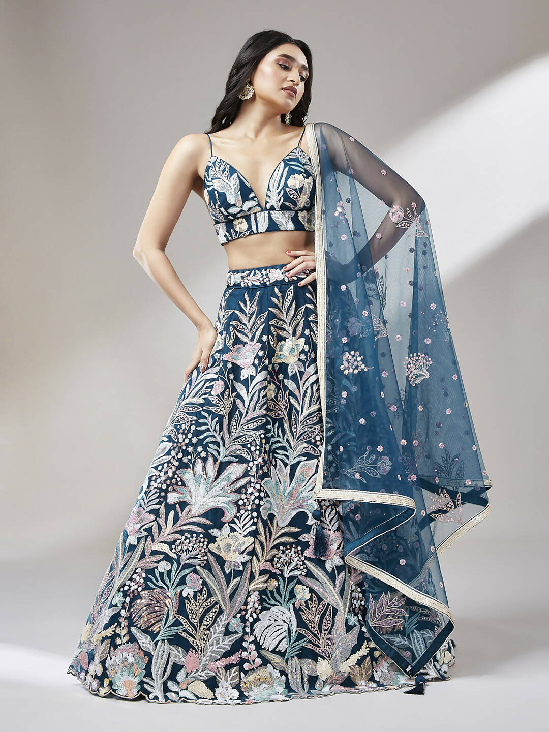 House of Panchhi Navy blue Net Sequinse Work Lehenga & Blouse with Dupatta | Grocsy