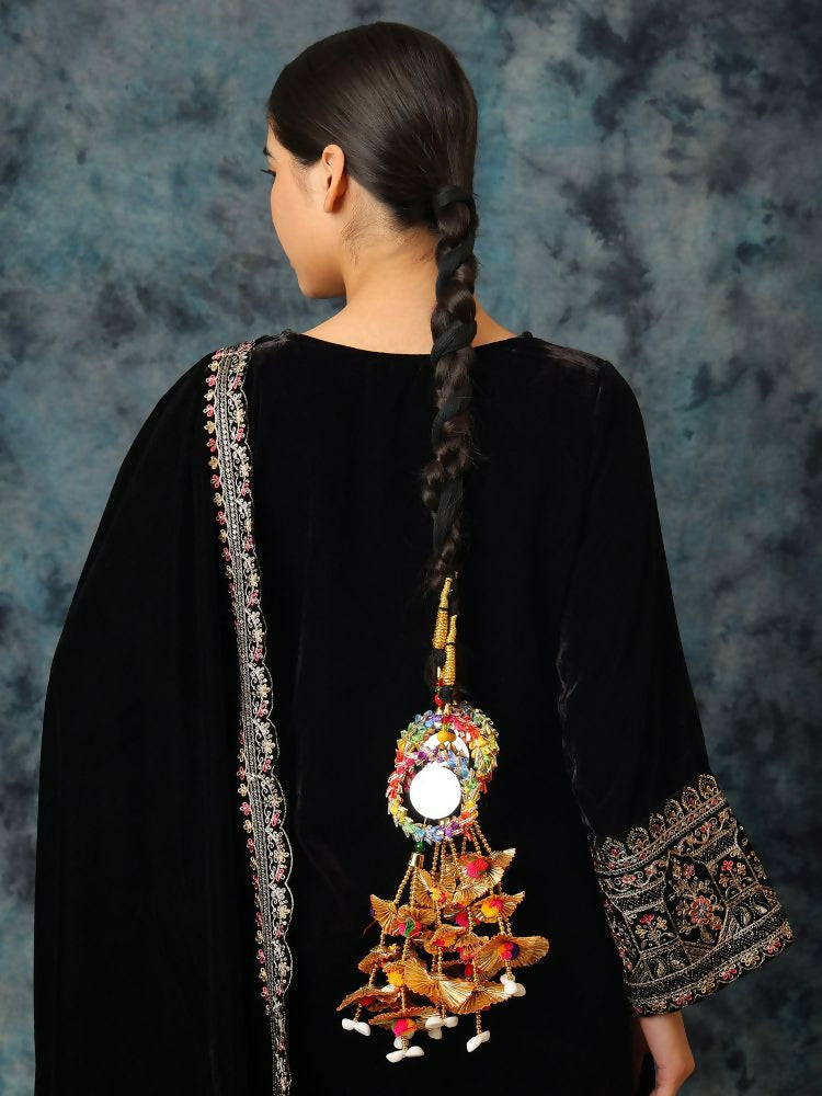 Ruby Raang Gold Gota Pati Work And Colorful Pastel Hues Threads With Shell And Black Thread And Mirror Work | Grocsy