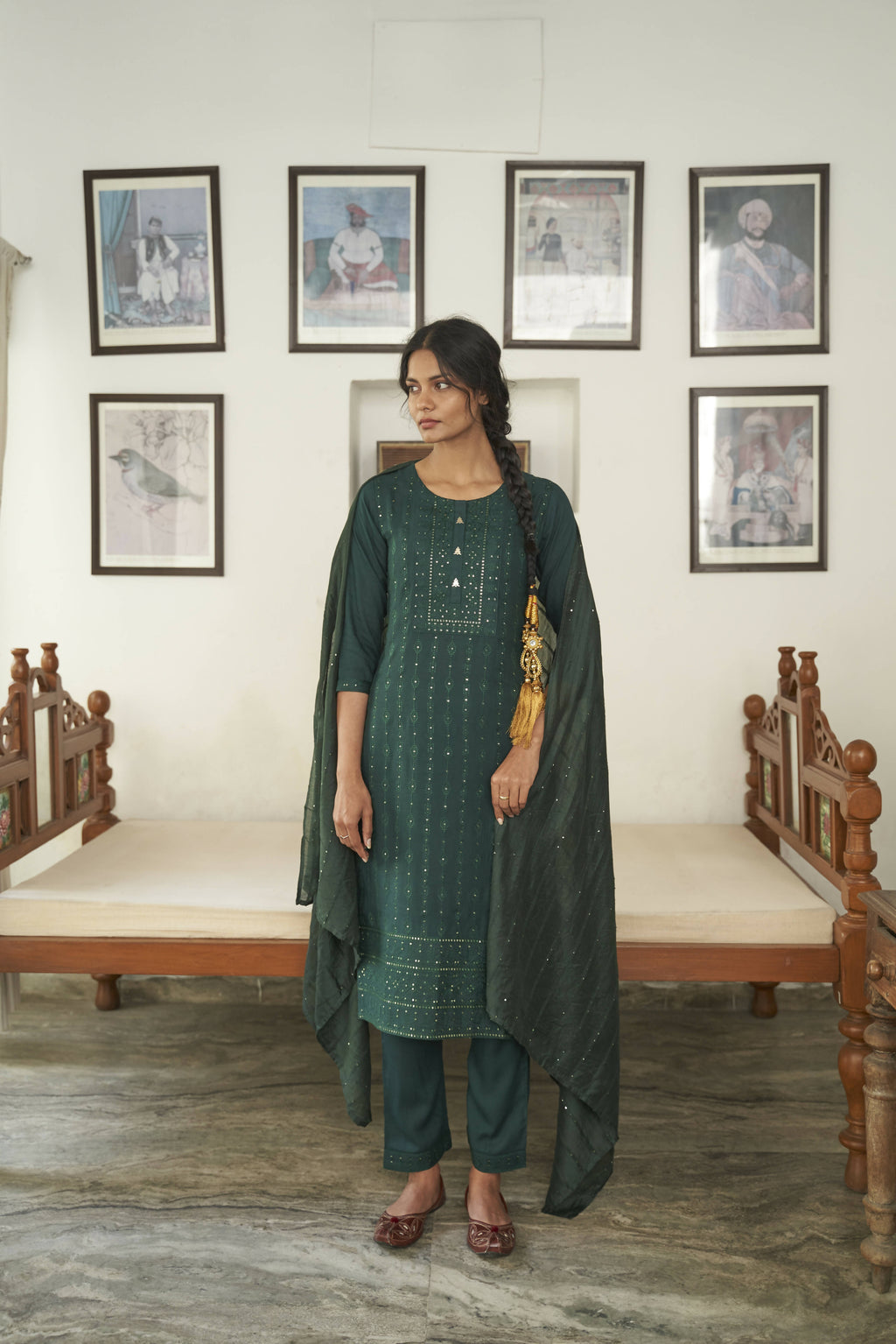 Dark Green Rayon Sequence Embroidery work Straight kurta with Pant & Dupatta - Akashara | Grocsy