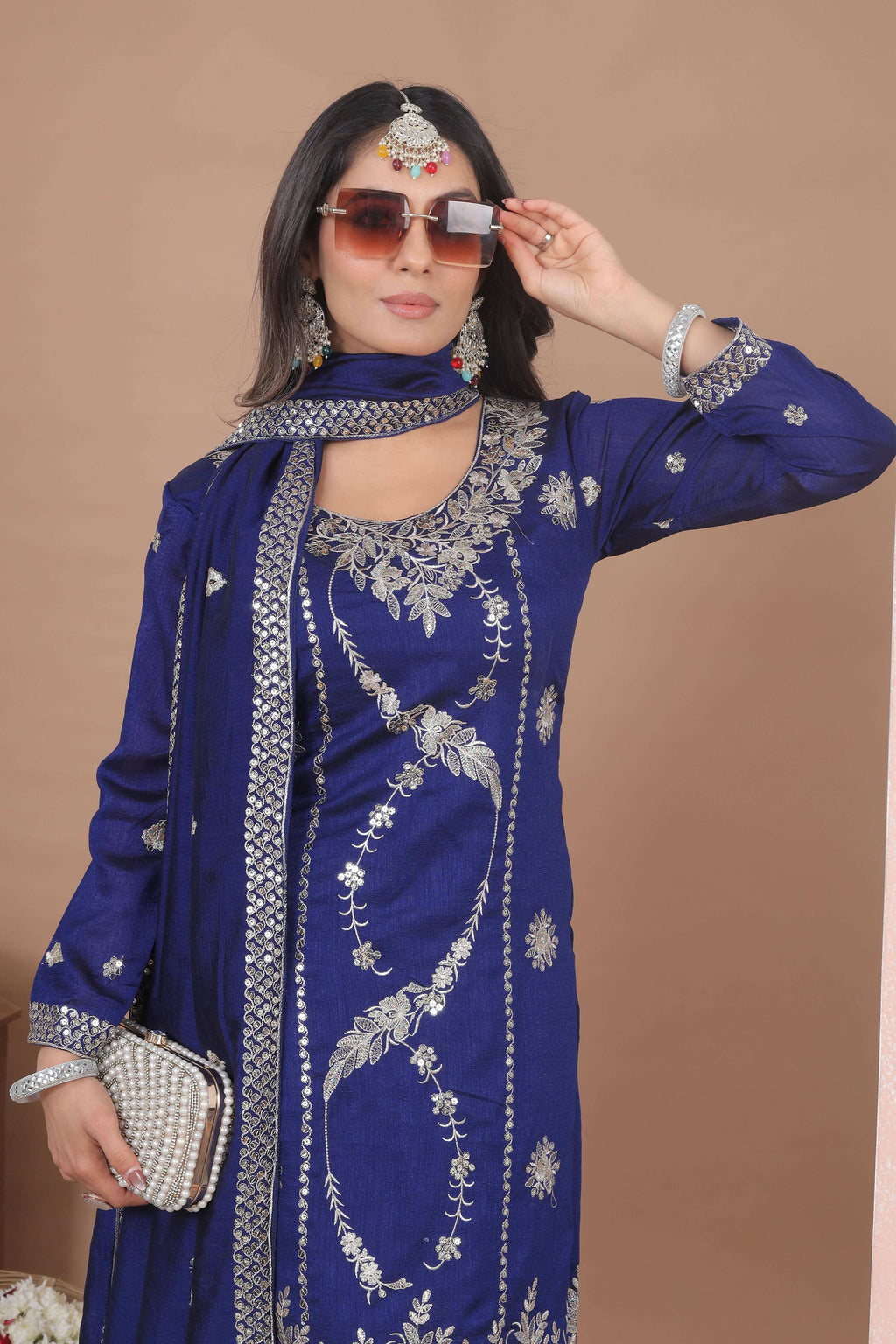 The52 Women's Gorgeous Embroidery Work Vichitra Blooming Fabric Straight Kurta Sharara and Dupatta Set | Grocsy