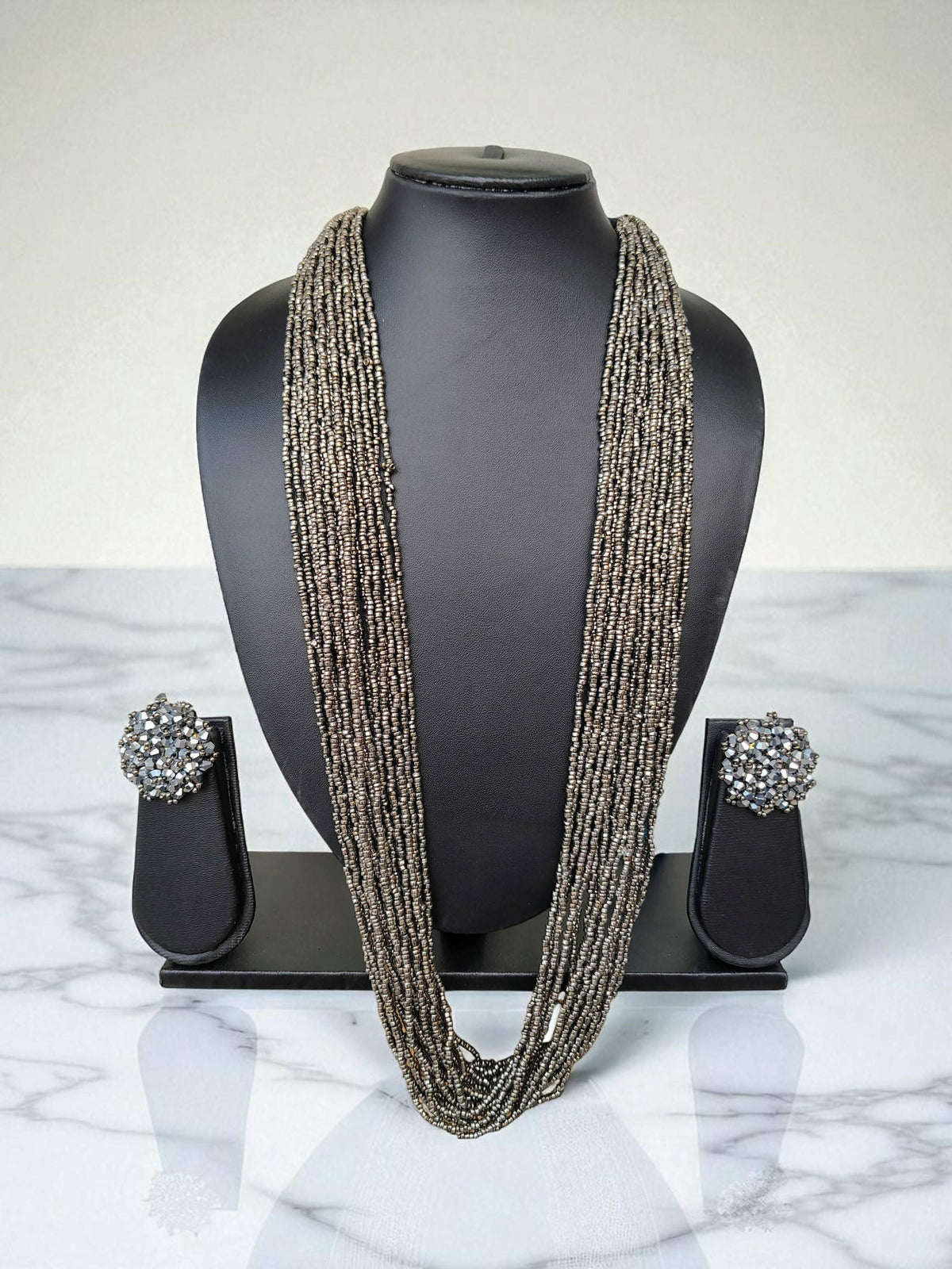 Inhanns Rangsaaz 20-Layer Luxe Long Beaded Necklace (With Optional Statement Earrings) - Silver With Earring | Grocsy
