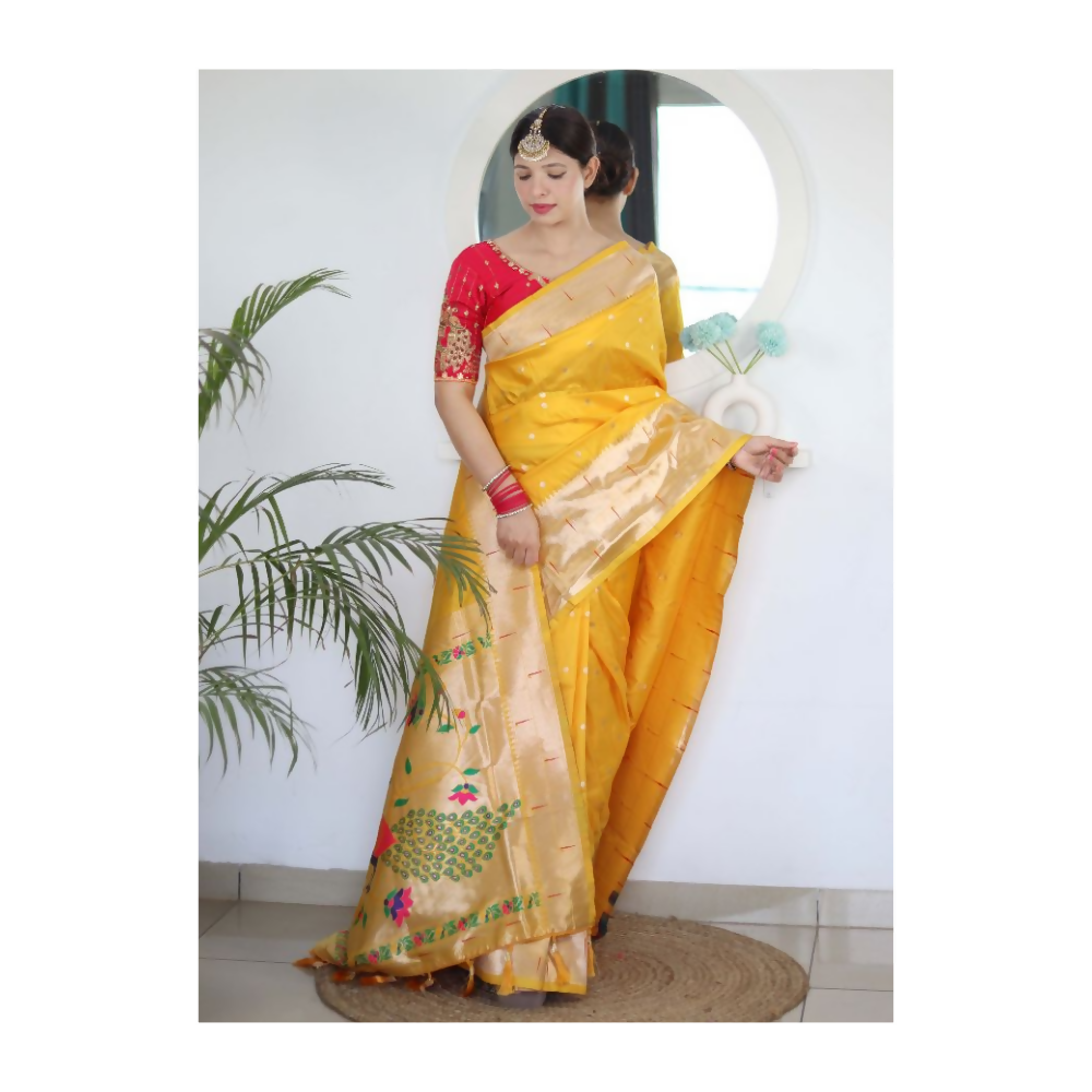 Yellow Woven Jacquard Designer Embroidery Work Party Wear Saree - Parampara | Grocsy