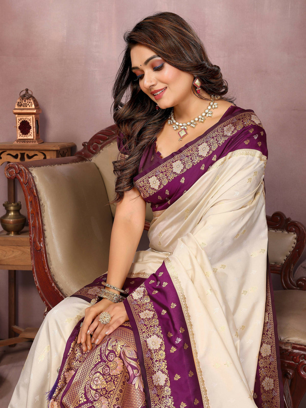 Aastha Fashion Cream Kalamkari Silk Zari Woven Saree | Grocsy