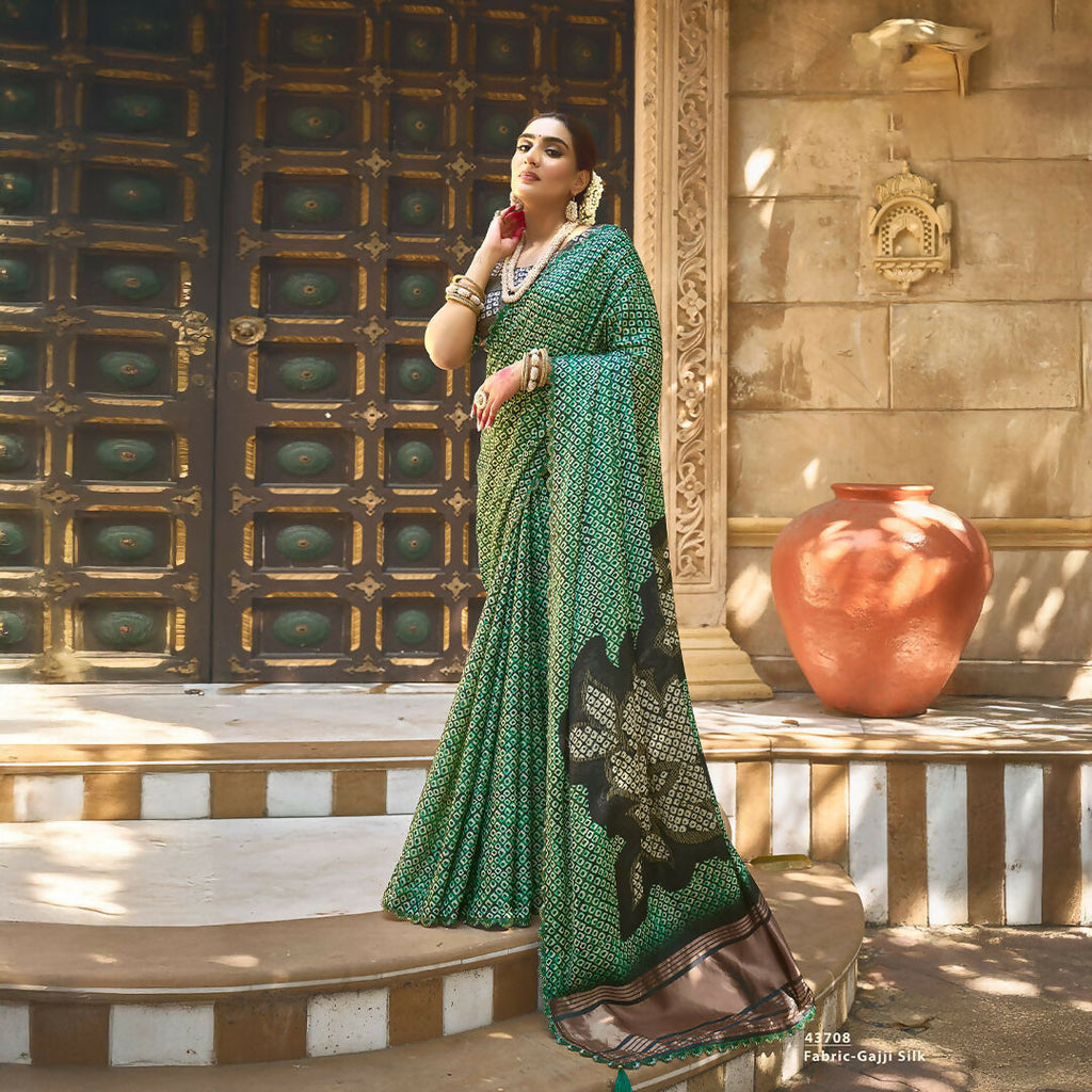 Green Gajji Silk Pure Handwork Saree With Unstitched Blouse - Norita Gajri | Grocsy