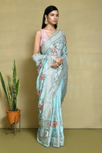 Blue Satin Silk Embroidered With Woven Design Border Festive Saree - Nimaya Denzy | Grocsy